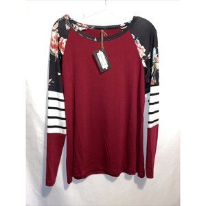 Women’s Red Top Floral Print Long Sleeves Black White Stripes Small